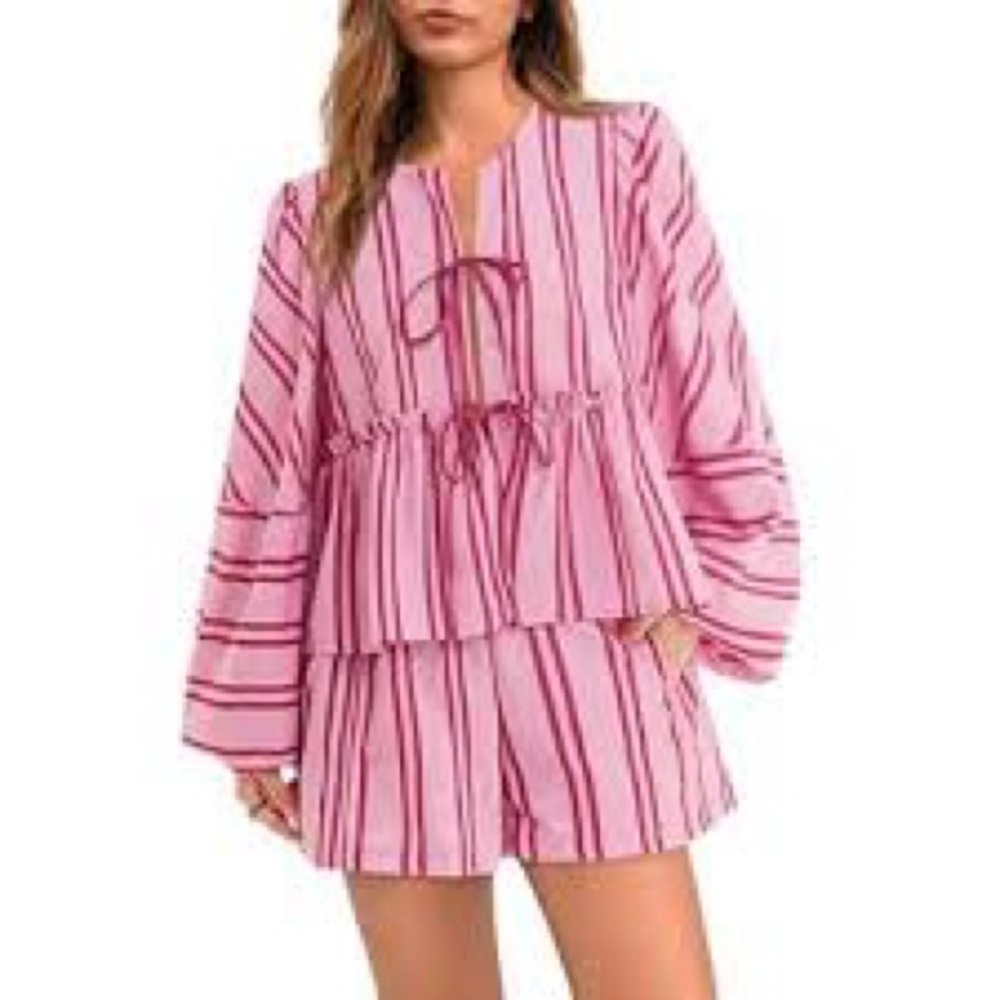 Sundayup Women 2 Piece Outfit Tie Front Peplum Top Shorts Set pink stripe size S